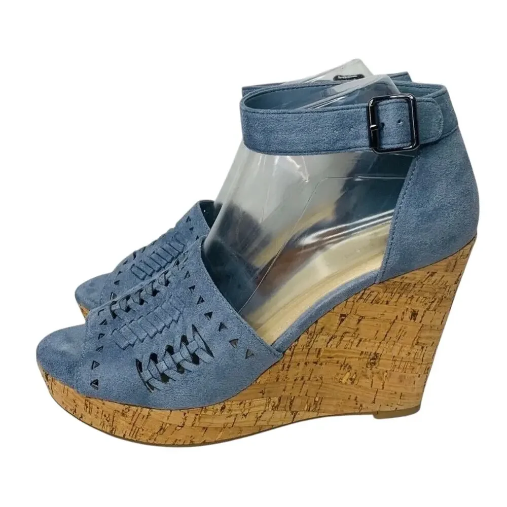 Marc Fisher Batini Faux Suede Wedge Heel Sandals Blue Womens‎ Size 9